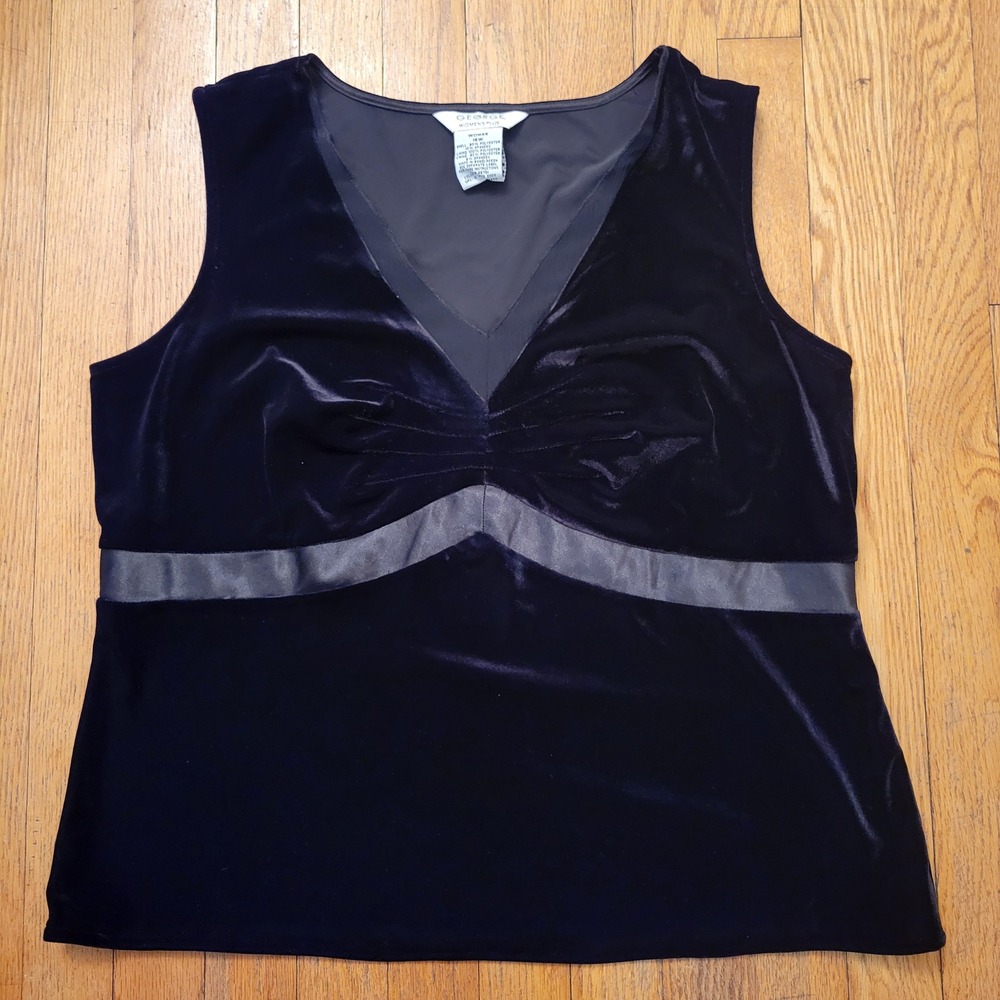 George Black Velvet V Neck Babydoll‎ Sleeveless Empire Waist Top 16W Grunge Goth
